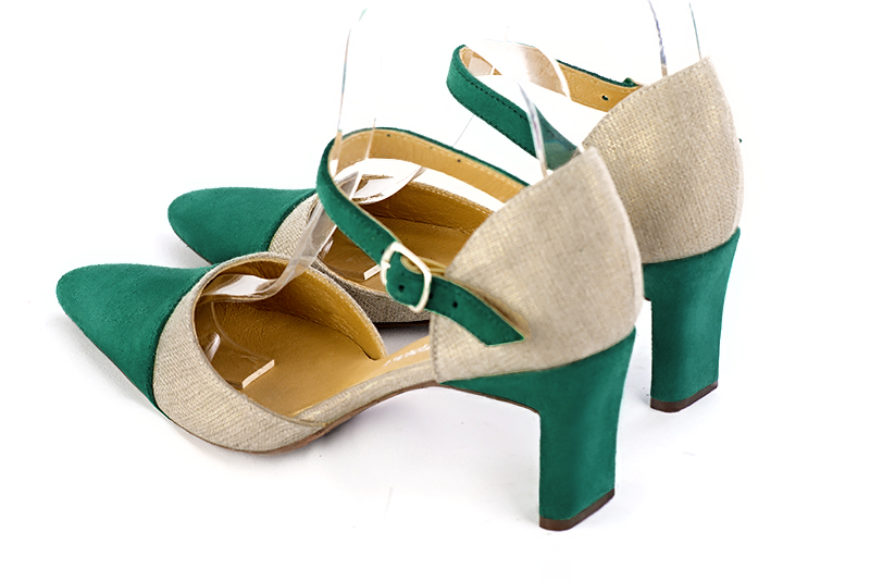 Emerald green and gold women's open side shoes, with an instep strap. Tapered toe. Medium comma heels. Rear view - Florence KOOIJMAN